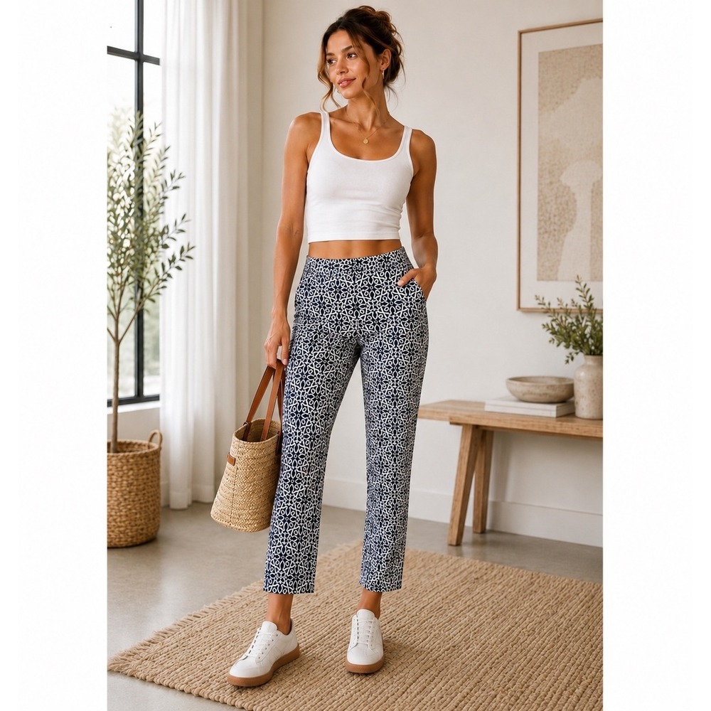 NWT Piccadilly Canada Geometric Print Crop Slim Pants Navy White Size 6